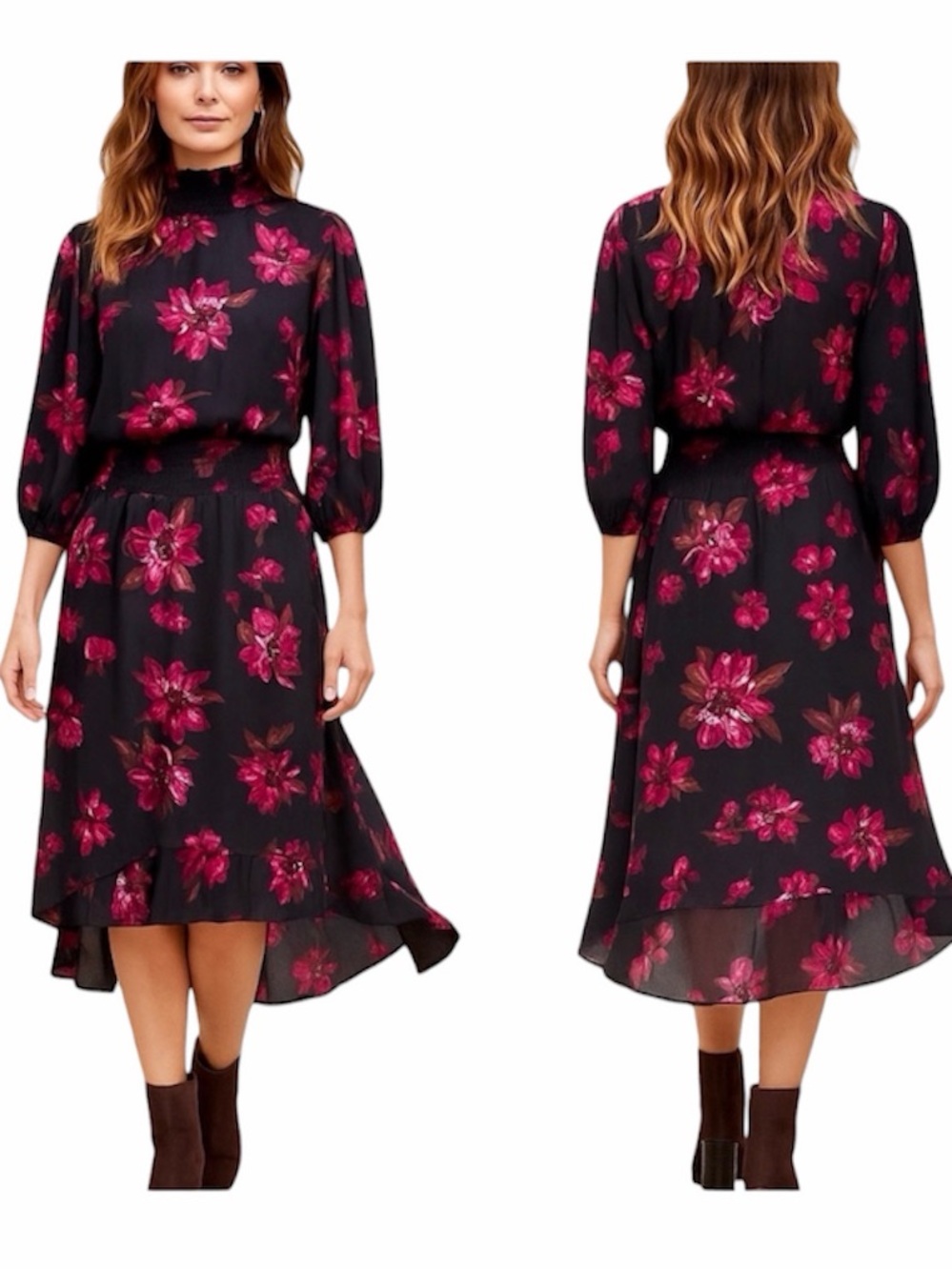 Nanette Lepore Black Dress with Fuchsia Floral Print Midi along sleeve Mock Neck